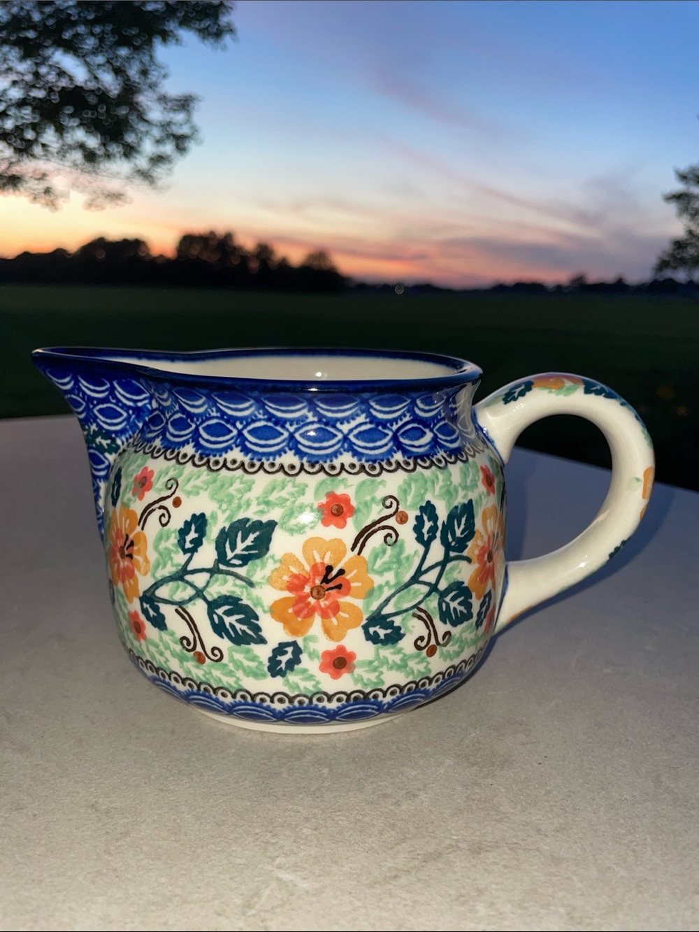 Hand Made Polish Pottery Unikat Floral Creamer - 30 Oz.